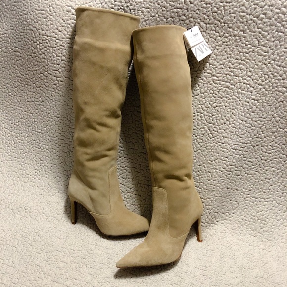 Zara | Shoes | Zara Split Suede Heeled Kneehigh Boots | Poshmark